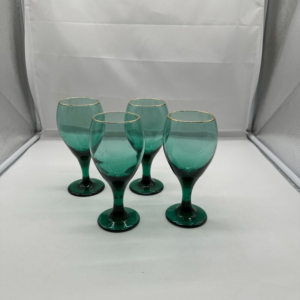Vintage Libbey Set of 4 Teardrop Juniper Wine Glass Glasses Gold Trim 7"